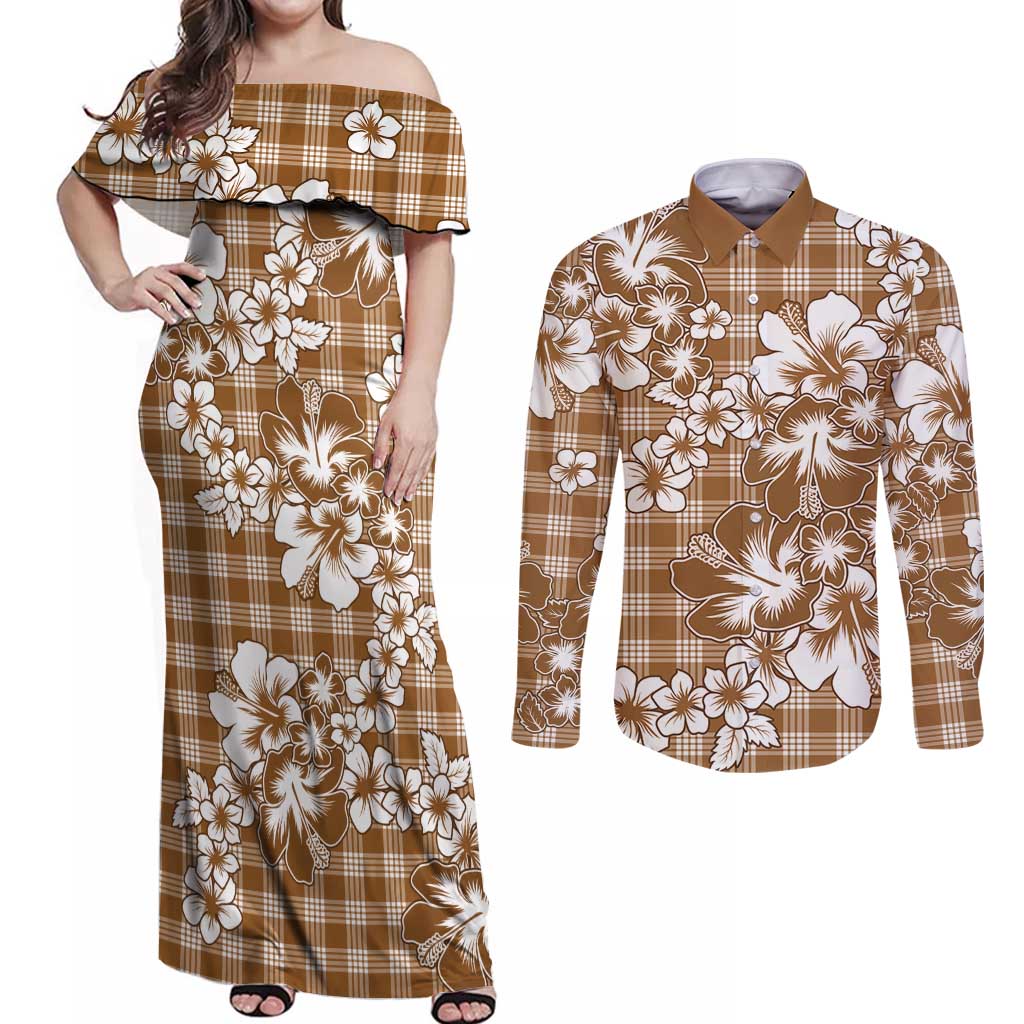 Hibiscus Pakala Bronze Brown Couples Matching Off Shoulder Maxi Dress and Long Sleeve Button Shirt Tropical Floral Stylized LT01 Brown - Polynesian Pride