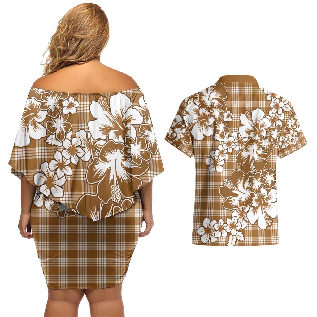 Hibiscus Pakala Bronze Brown Couples Matching Off Shoulder Short Dress and Hawaiian Shirt Tropical Floral Stylized LT01 - Polynesian Pride
