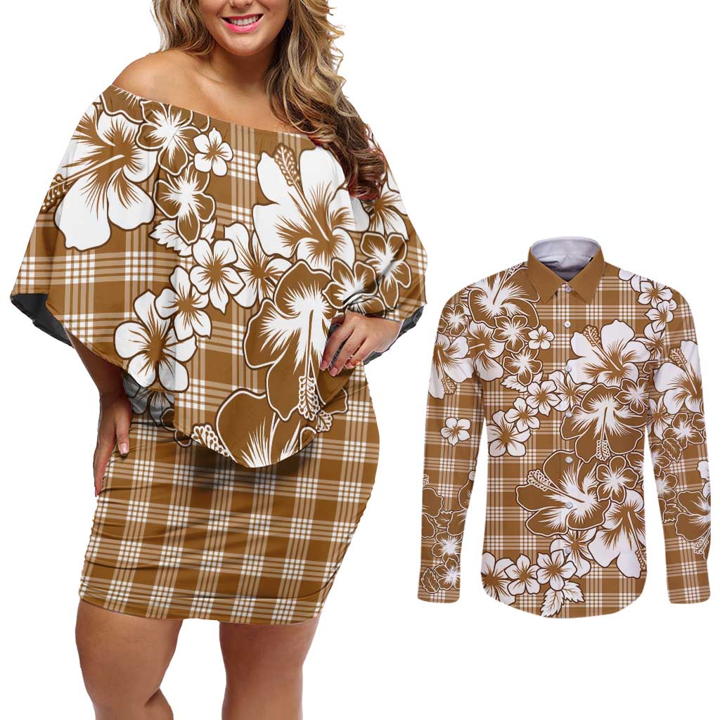 Hibiscus Pakala Bronze Brown Couples Matching Off Shoulder Short Dress and Long Sleeve Button Shirt Tropical Floral Stylized LT01 Brown - Polynesian Pride