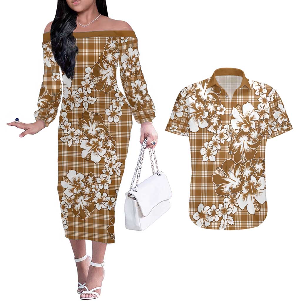 Hibiscus Pakala Bronze Brown Couples Matching Off The Shoulder Long Sleeve Dress and Hawaiian Shirt Tropical Floral Stylized LT01 Brown - Polynesian Pride
