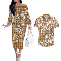 Hibiscus Pakala Bronze Brown Couples Matching Off The Shoulder Long Sleeve Dress and Hawaiian Shirt Tropical Floral Stylized LT01 Brown - Polynesian Pride