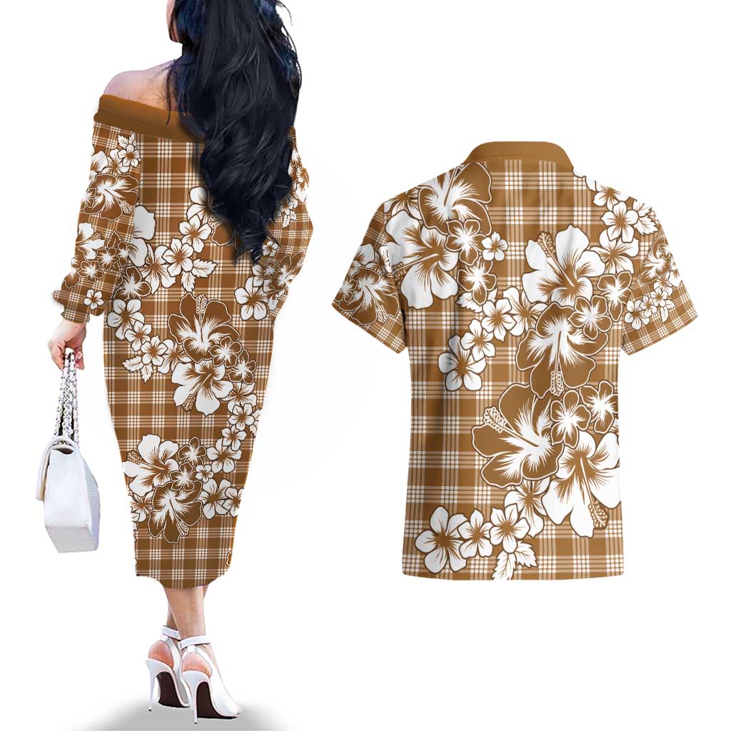 Hibiscus Pakala Bronze Brown Couples Matching Off The Shoulder Long Sleeve Dress and Hawaiian Shirt Tropical Floral Stylized LT01 - Polynesian Pride