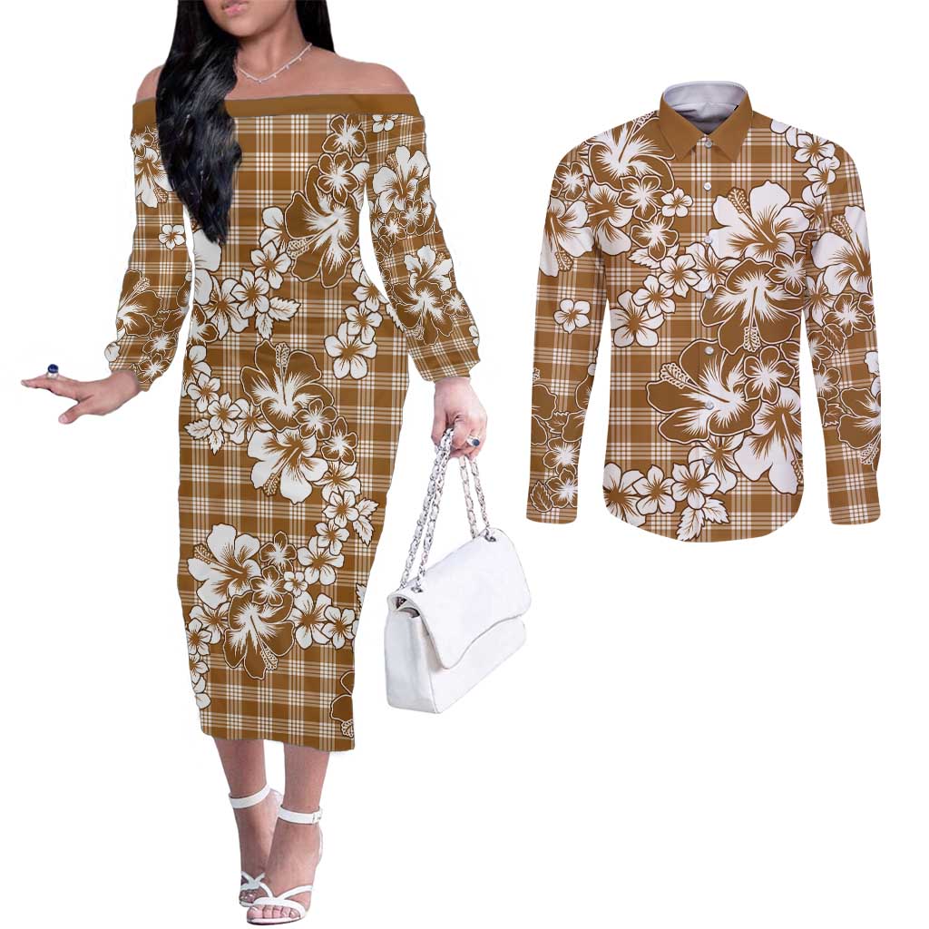Hibiscus Pakala Bronze Brown Couples Matching Off The Shoulder Long Sleeve Dress and Long Sleeve Button Shirt Tropical Floral Stylized LT01 Brown - Polynesian Pride