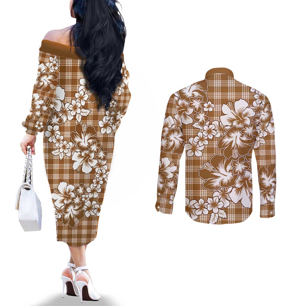 Hibiscus Pakala Bronze Brown Couples Matching Off The Shoulder Long Sleeve Dress and Long Sleeve Button Shirt Tropical Floral Stylized LT01 - Polynesian Pride