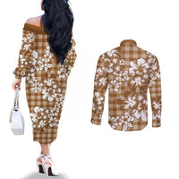 Hibiscus Pakala Bronze Brown Couples Matching Off The Shoulder Long Sleeve Dress and Long Sleeve Button Shirt Tropical Floral Stylized LT01 - Polynesian Pride