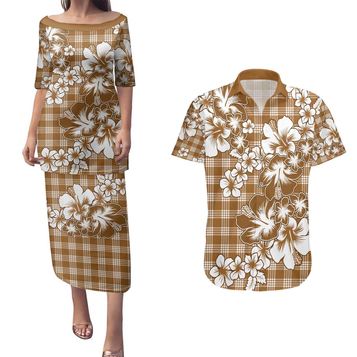 Hibiscus Pakala Bronze Brown Couples Matching Puletasi and Hawaiian Shirt Tropical Floral Stylized - Polynesian Pride