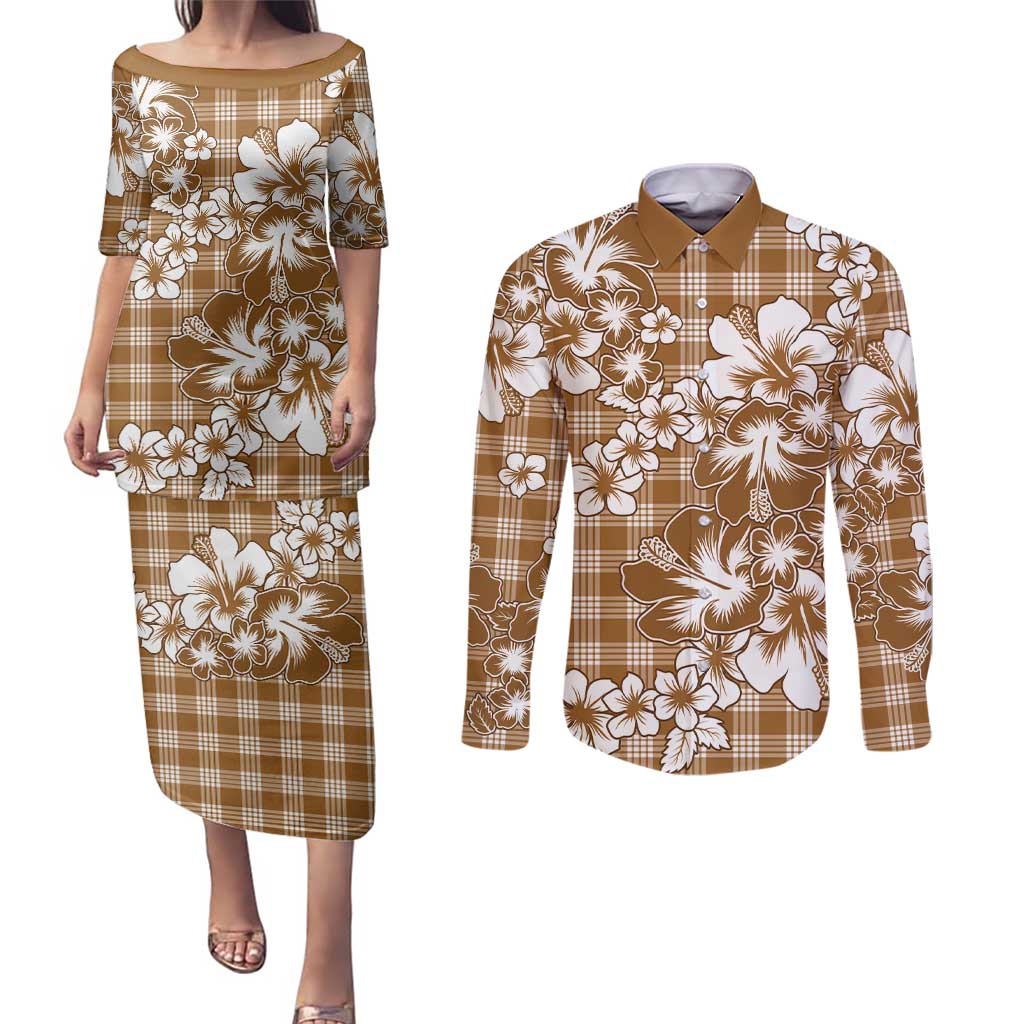 Hibiscus Pakala Bronze Brown Couples Matching Puletasi and Long Sleeve Button Shirt Tropical Floral Stylized LT01 Brown - Polynesian Pride