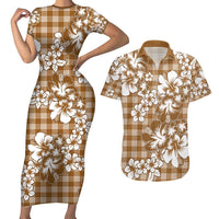 Hibiscus Pakala Bronze Brown Couples Matching Short Sleeve Bodycon Dress and Hawaiian Shirt Tropical Floral Stylized LT01 Brown - Polynesian Pride