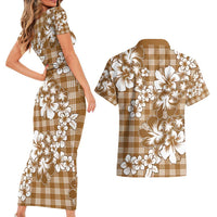 Hibiscus Pakala Bronze Brown Couples Matching Short Sleeve Bodycon Dress and Hawaiian Shirt Tropical Floral Stylized LT01 - Polynesian Pride