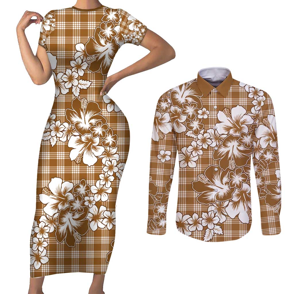 Hibiscus Pakala Bronze Brown Couples Matching Short Sleeve Bodycon Dress and Long Sleeve Button Shirt Tropical Floral Stylized LT01 Brown - Polynesian Pride