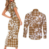 Hibiscus Pakala Bronze Brown Couples Matching Short Sleeve Bodycon Dress and Long Sleeve Button Shirt Tropical Floral Stylized LT01 - Polynesian Pride