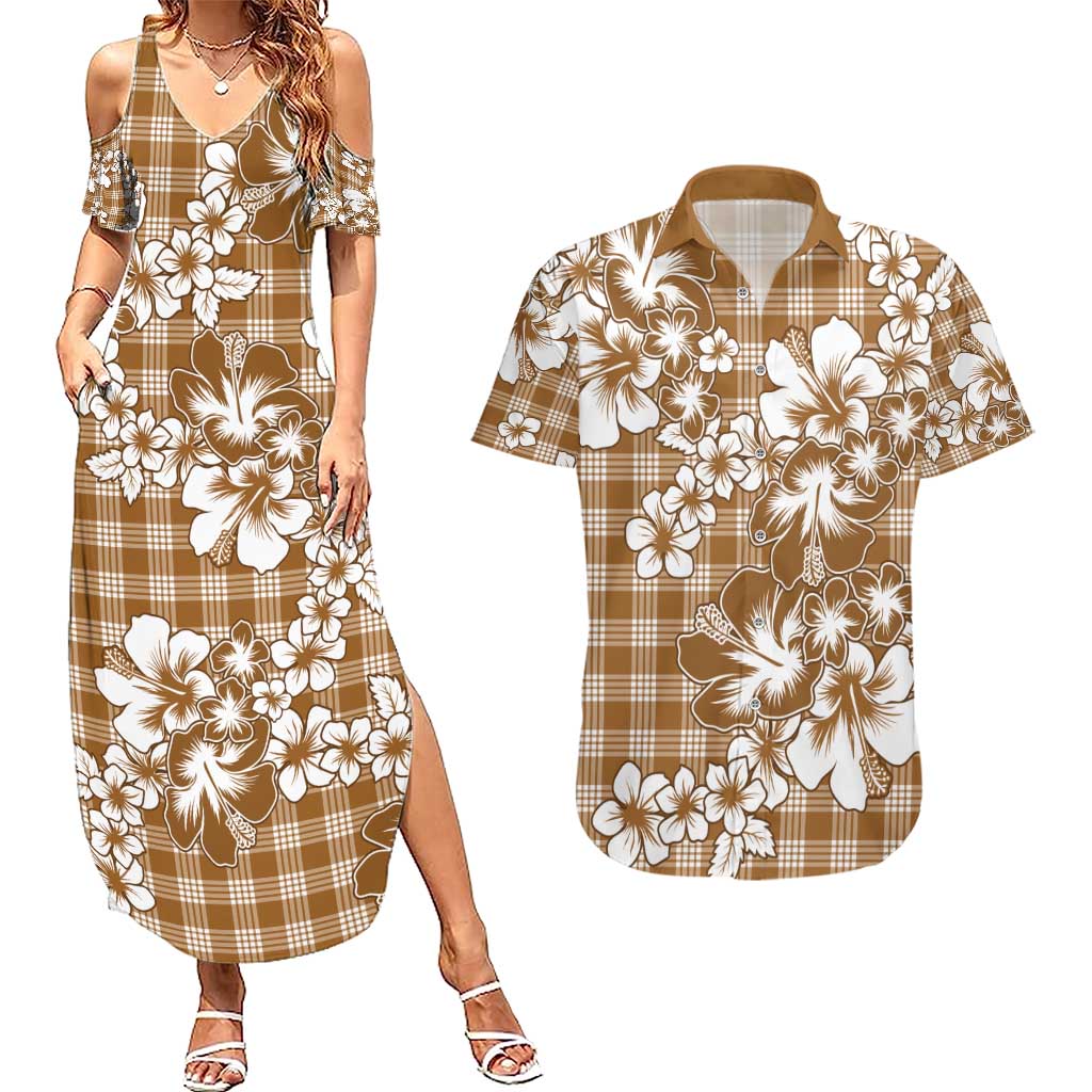 Hibiscus Pakala Bronze Brown Couples Matching Summer Maxi Dress and Hawaiian Shirt Tropical Floral Stylized LT01 Brown - Polynesian Pride