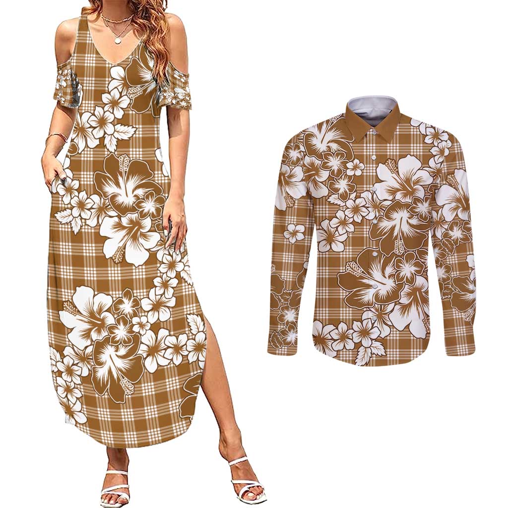 Hibiscus Pakala Bronze Brown Couples Matching Summer Maxi Dress and Long Sleeve Button Shirt Tropical Floral Stylized LT01 Brown - Polynesian Pride