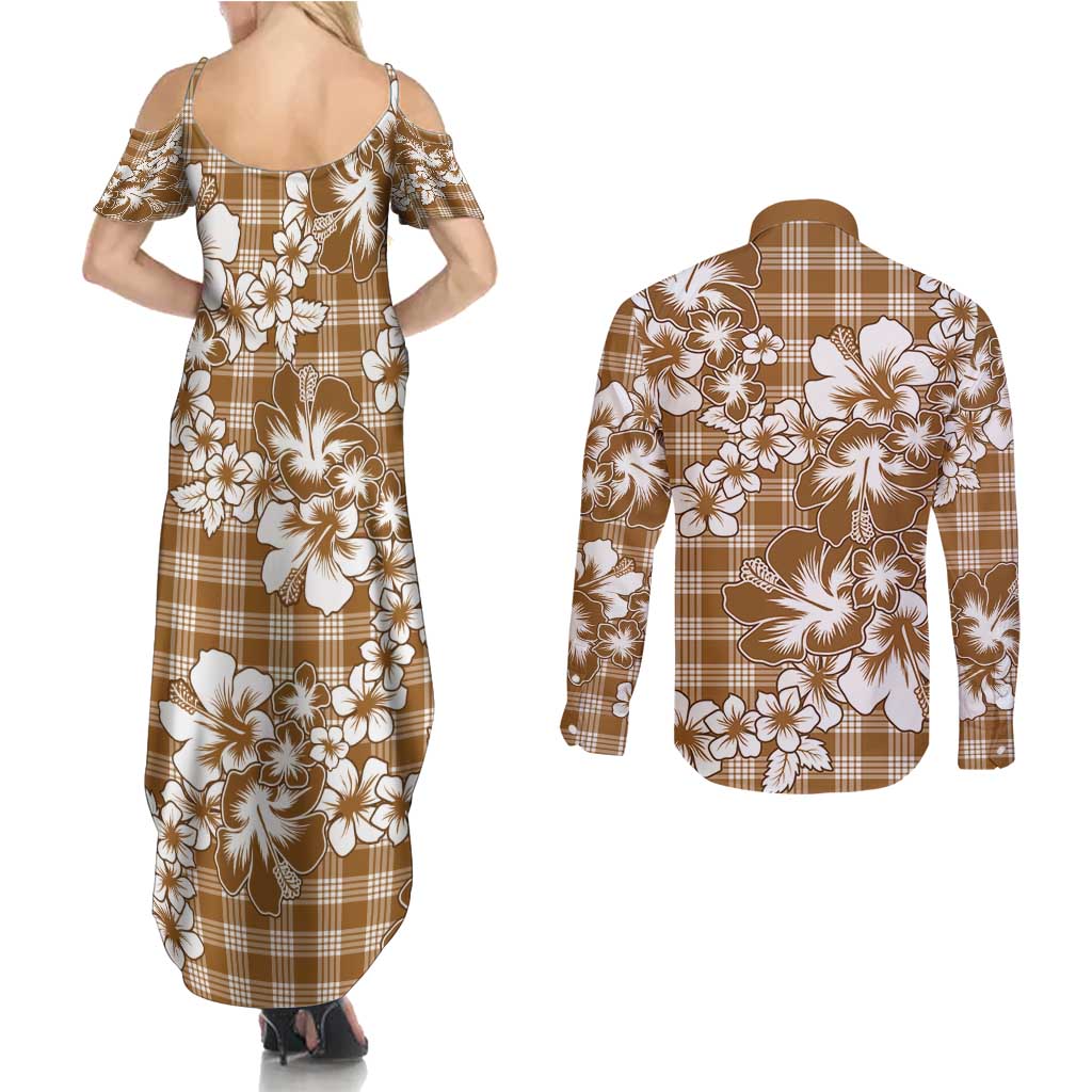 Hibiscus Pakala Bronze Brown Couples Matching Summer Maxi Dress and Long Sleeve Button Shirt Tropical Floral Stylized - Polynesian Pride