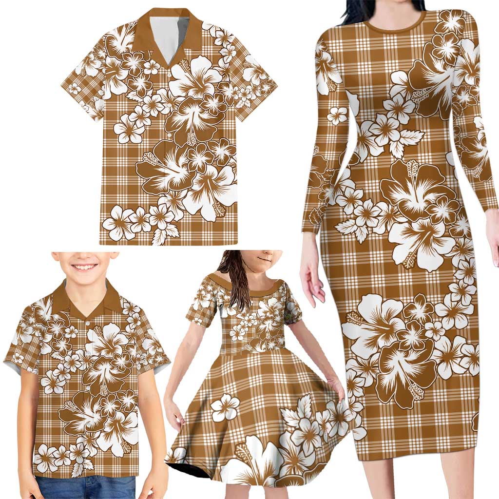 Hibiscus Pakala Bronze Brown Family Matching Long Sleeve Bodycon Dress and Hawaiian Shirt Tropical Floral Stylized LT01 - Polynesian Pride