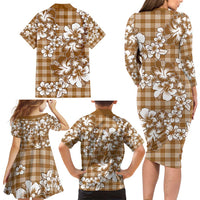 Hibiscus Pakala Bronze Brown Family Matching Long Sleeve Bodycon Dress and Hawaiian Shirt Tropical Floral Stylized LT01 - Polynesian Pride