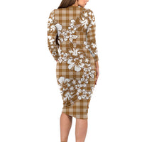 Hibiscus Pakala Bronze Brown Family Matching Long Sleeve Bodycon Dress and Hawaiian Shirt Tropical Floral Stylized LT01 - Polynesian Pride