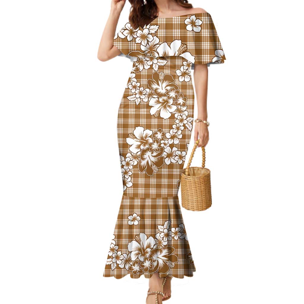 Hibiscus Pakala Bronze Brown Family Matching Mermaid Dress and Hawaiian Shirt Tropical Floral Stylized LT01 Mom's Dress Brown - Polynesian Pride