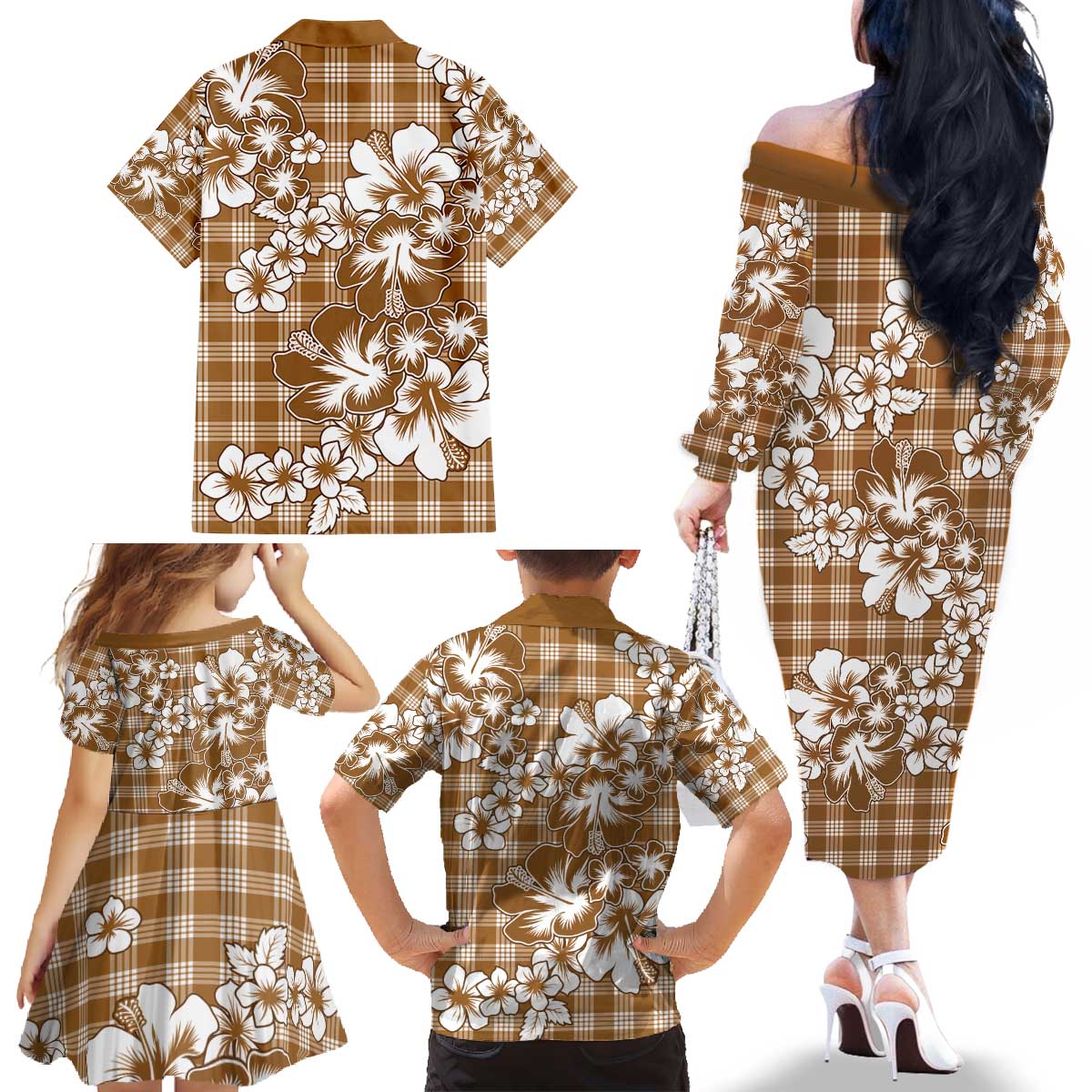 Hibiscus Pakala Bronze Brown Family Matching Off The Shoulder Long Sleeve Dress and Hawaiian Shirt Tropical Floral Stylized LT01 - Polynesian Pride