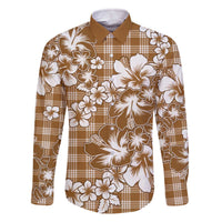 Hibiscus Pakala Bronze Brown Family Matching Off The Shoulder Long Sleeve Dress and Hawaiian Shirt Tropical Floral Stylized LT01 Dad's Shirt - Long Sleeve Brown - Polynesian Pride
