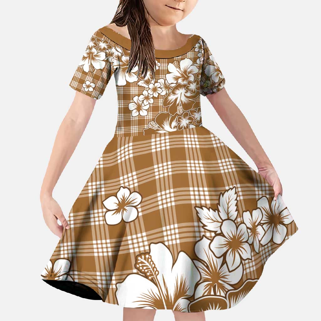Hibiscus Pakala Bronze Brown Family Matching Off Shoulder Maxi Dress and Hawaiian Shirt Tropical Floral Stylized LT01 Daughter's Dress Brown - Polynesian Pride