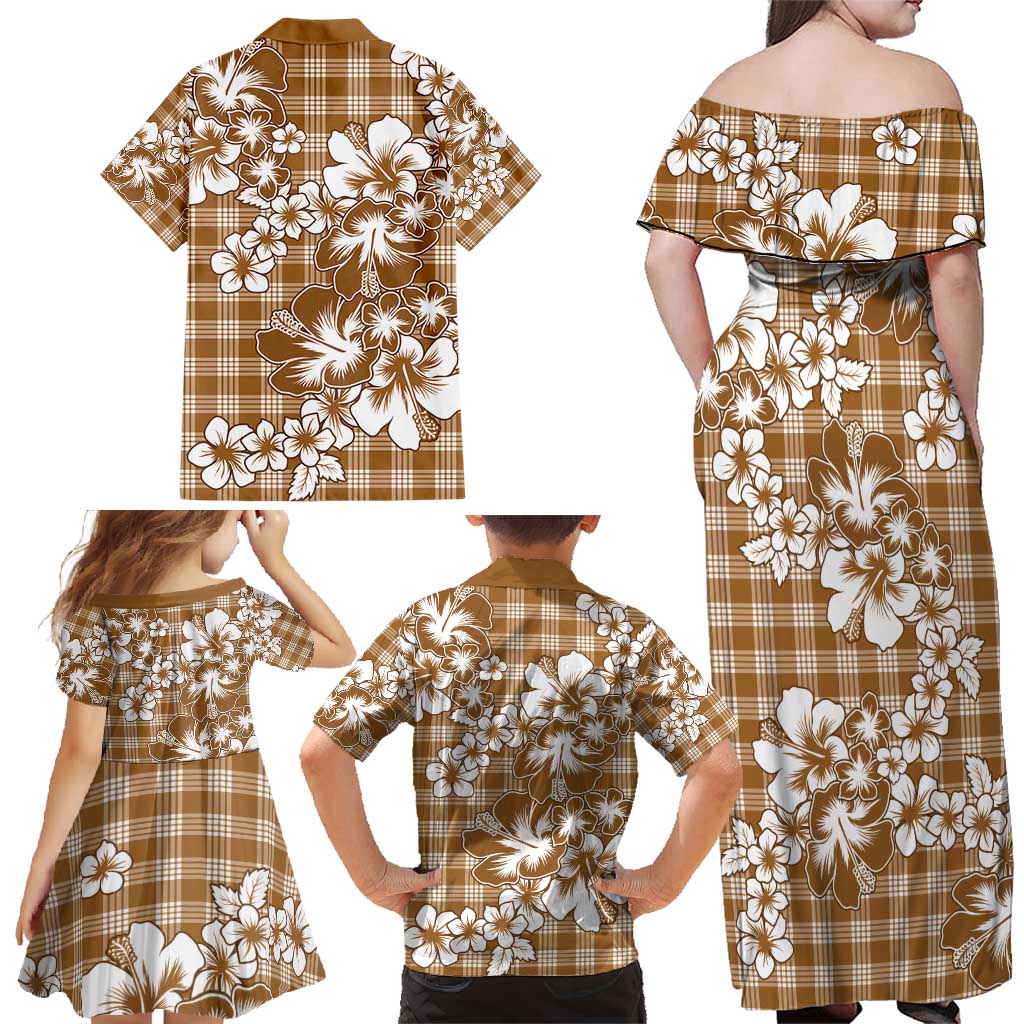 Hibiscus Pakala Bronze Brown Family Matching Off Shoulder Maxi Dress and Hawaiian Shirt Tropical Floral Stylized LT01 - Polynesian Pride