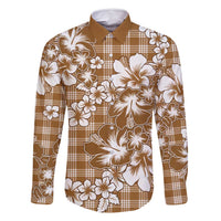 Hibiscus Pakala Bronze Brown Family Matching Off Shoulder Maxi Dress and Hawaiian Shirt Tropical Floral Stylized LT01 Dad's Shirt - Long Sleeve Brown - Polynesian Pride