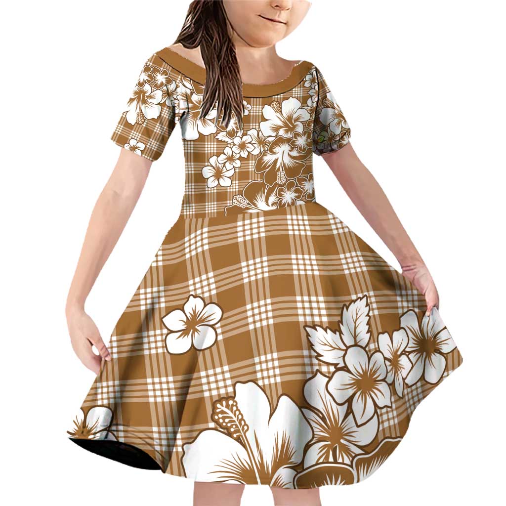 Hibiscus Pakala Bronze Brown Family Matching Off Shoulder Short Dress and Hawaiian Shirt Tropical Floral Stylized LT01 Daughter's Dress Brown - Polynesian Pride