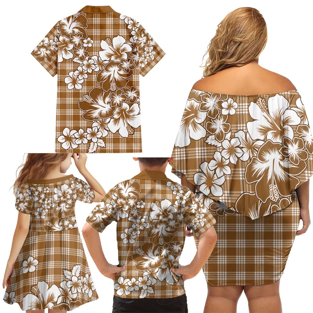 Hibiscus Pakala Bronze Brown Family Matching Off Shoulder Short Dress and Hawaiian Shirt Tropical Floral Stylized LT01 - Polynesian Pride
