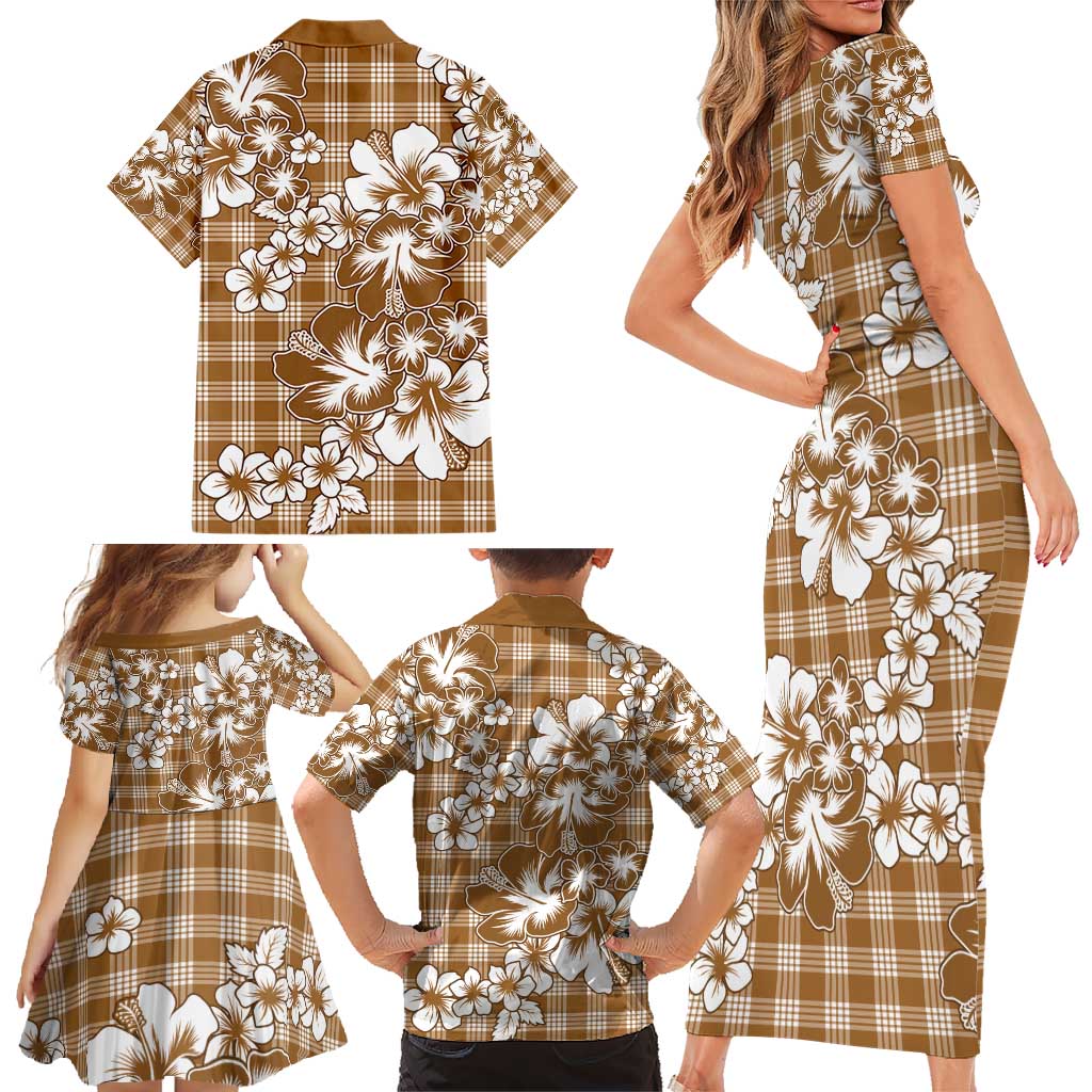 Hibiscus Pakala Bronze Brown Family Matching Short Sleeve Bodycon Dress and Hawaiian Shirt Tropical Floral Stylized LT01 - Polynesian Pride