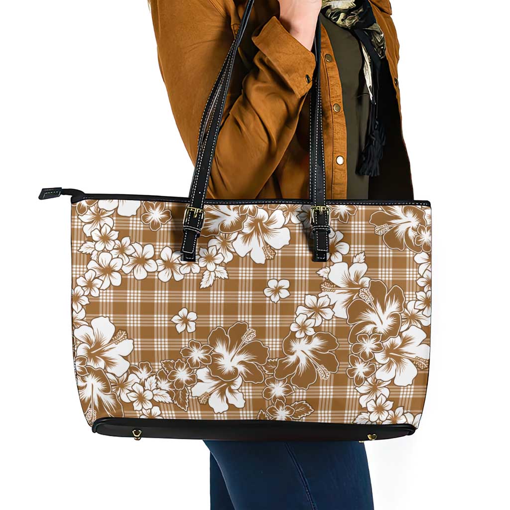 Hibiscus Pakala Bronze Brown Leather Tote Bag Tropical Floral Stylized - Polynesian Pride