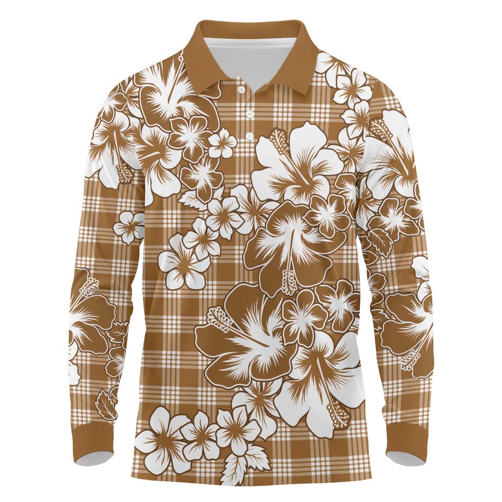 Hibiscus Pakala Bronze Brown Long Sleeve Polo Shirt Tropical Floral Stylized LT01 Brown - Polynesian Pride