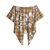 Hibiscus Pakala Bronze Brown Off Shoulder Wrap Waist Top Tropical Floral Stylized LT01 Brown - Polynesian Pride