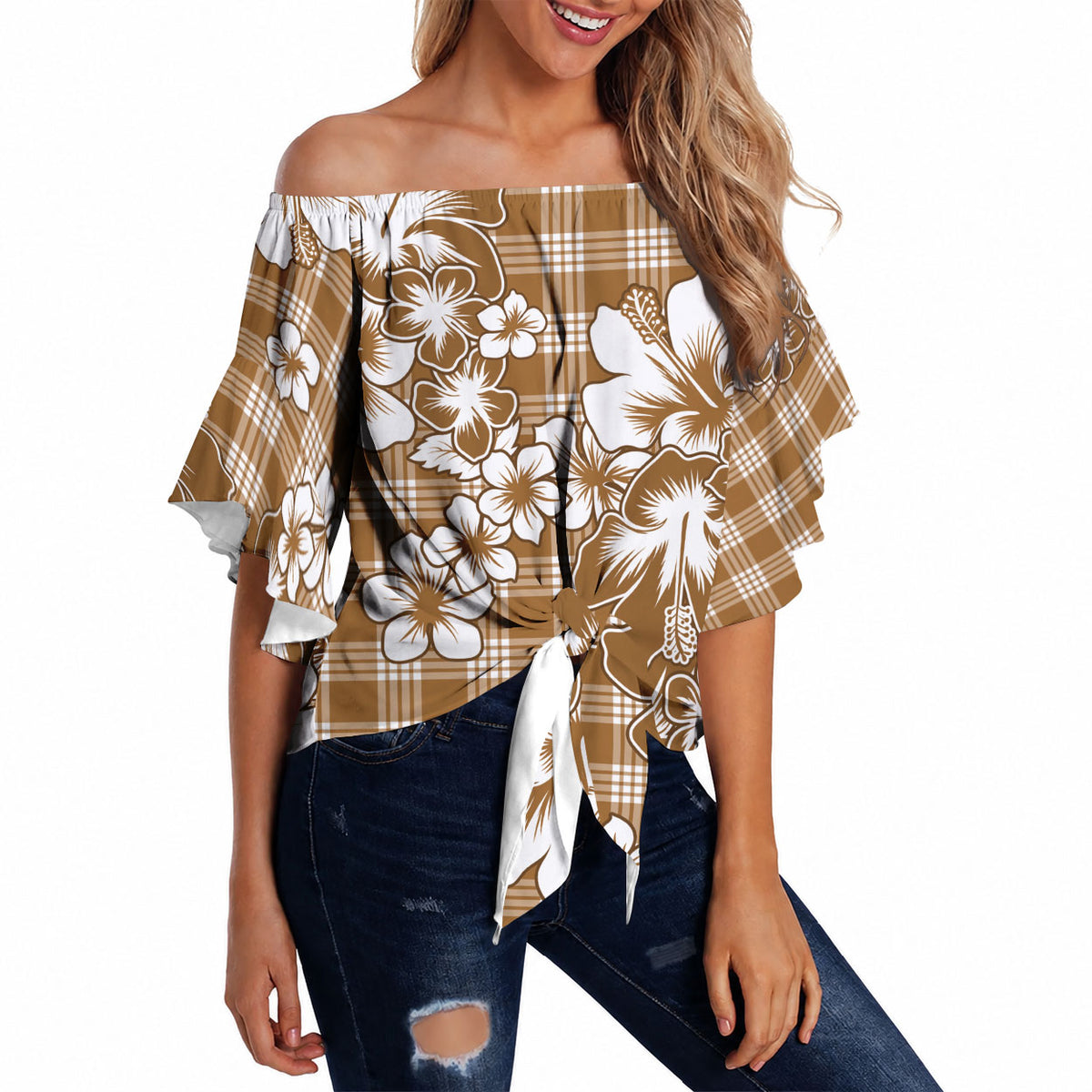 Hibiscus Pakala Bronze Brown Off Shoulder Wrap Waist Top Tropical Floral Stylized LT01 - Polynesian Pride