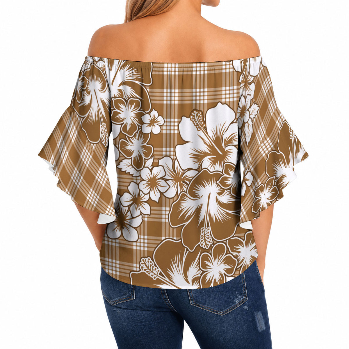 Hibiscus Pakala Bronze Brown Off Shoulder Wrap Waist Top Tropical Floral Stylized LT01 - Polynesian Pride