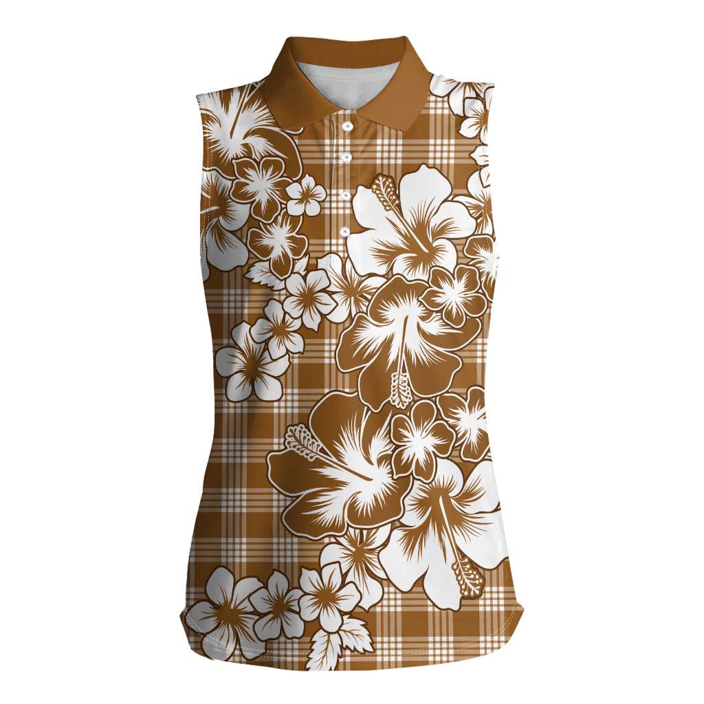 Hibiscus Pakala Bronze Brown Women Sleeveless Polo Shirt Tropical Floral Stylized LT01 Female Brown - Polynesian Pride
