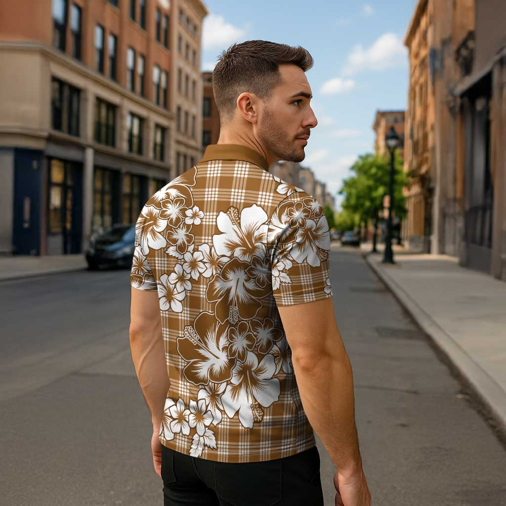 Hibiscus Pakala Bronze Brown Zipper Polo Shirt Tropical Floral Stylized - Polynesian Pride
