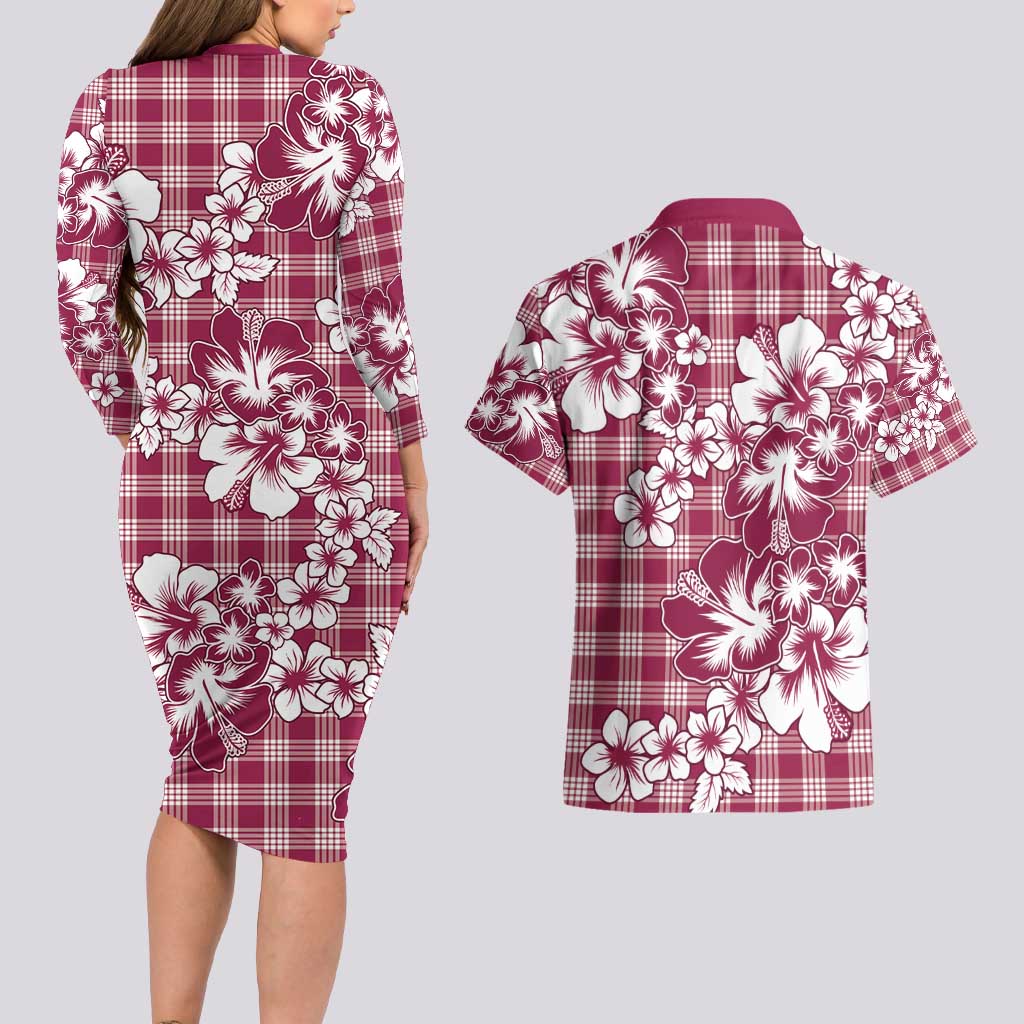Hibiscus Pakala Royal Magenta Couples Matching Long Sleeve Bodycon Dress and Hawaiian Shirt Tropical Floral Stylized LT01 - Polynesian Pride