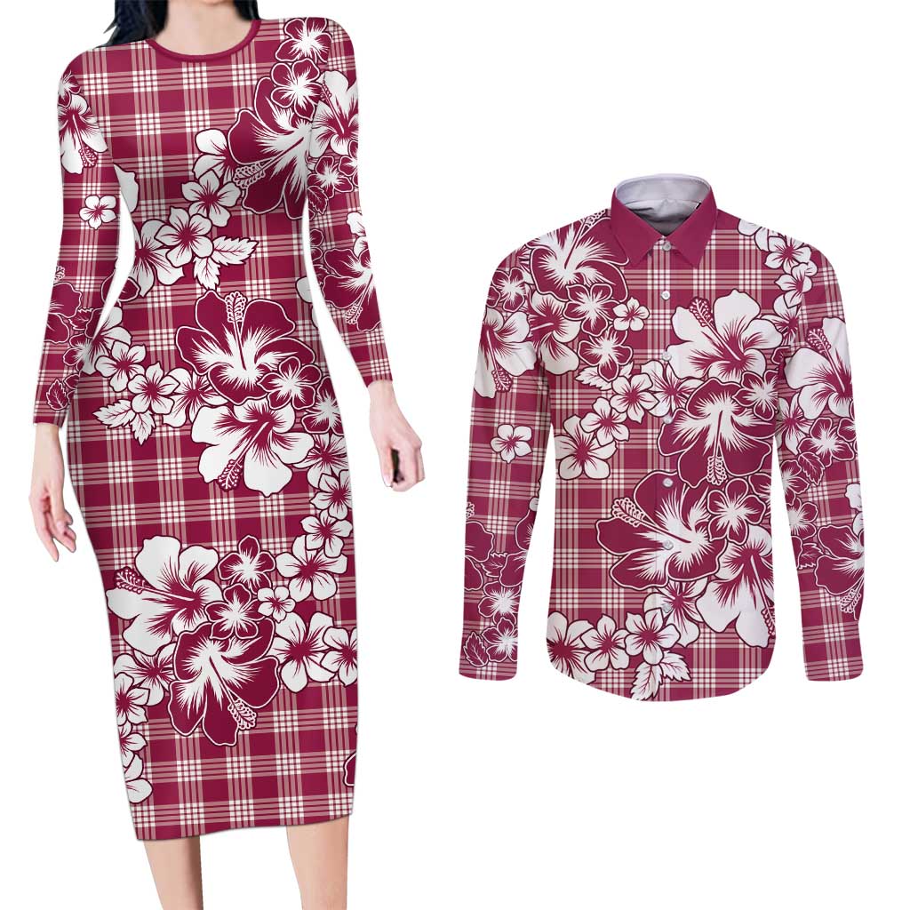 Hibiscus Pakala Royal Magenta Couples Matching Long Sleeve Bodycon Dress and Long Sleeve Button Shirt Tropical Floral Stylized LT01 Magenta - Polynesian Pride