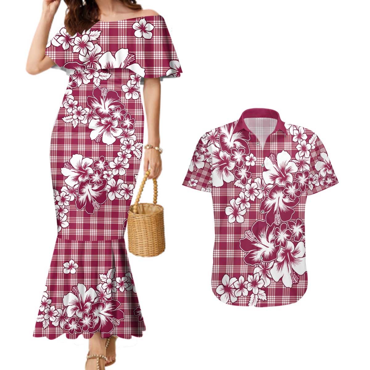 Hibiscus Pakala Royal Magenta Couples Matching Mermaid Dress and Hawaiian Shirt Tropical Floral Stylized LT01 Magenta - Polynesian Pride