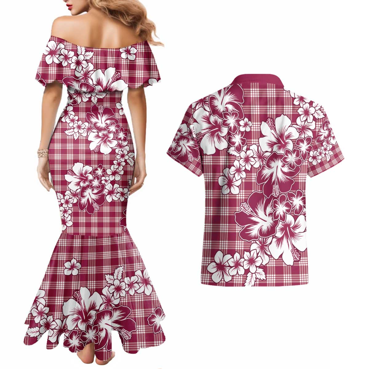 Hibiscus Pakala Royal Magenta Couples Matching Mermaid Dress and Hawaiian Shirt Tropical Floral Stylized LT01 - Polynesian Pride