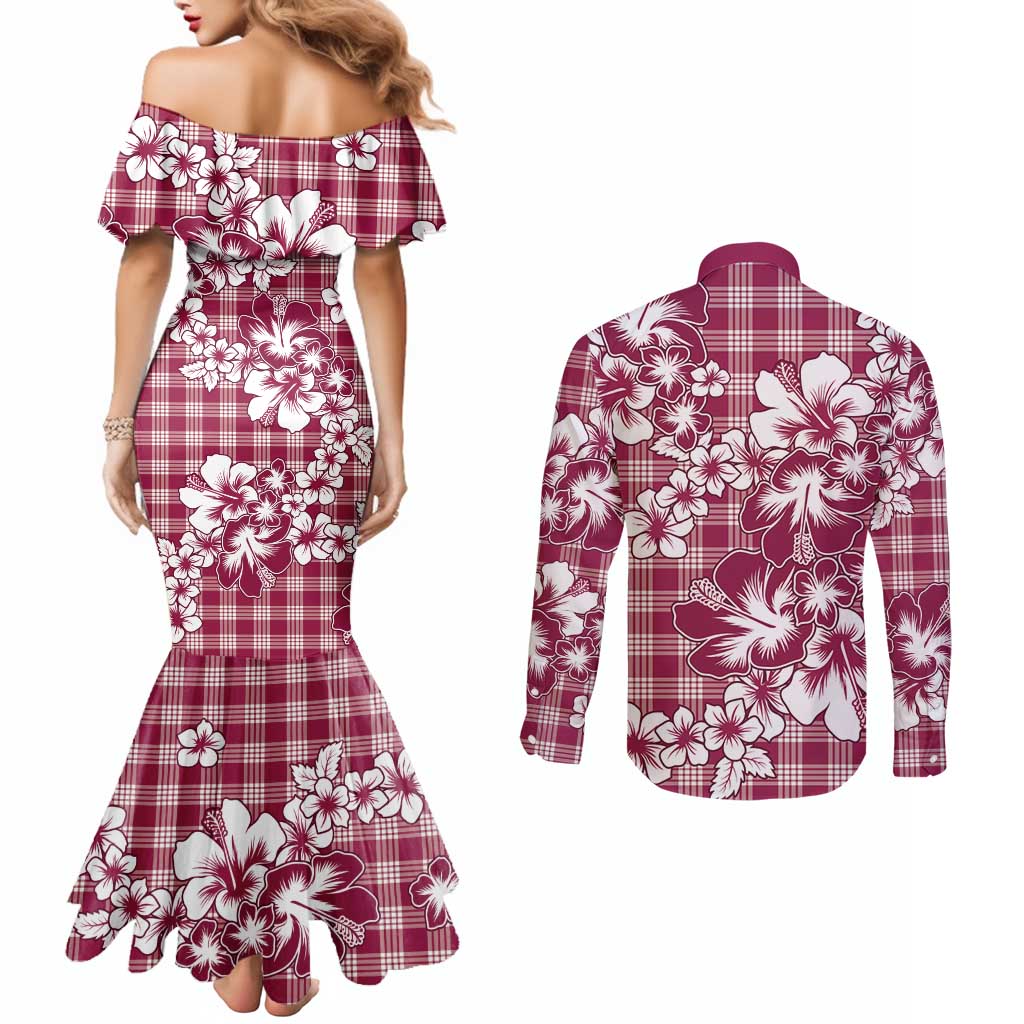 Hibiscus Pakala Royal Magenta Couples Matching Mermaid Dress and Long Sleeve Button Shirt Tropical Floral Stylized LT01 - Polynesian Pride