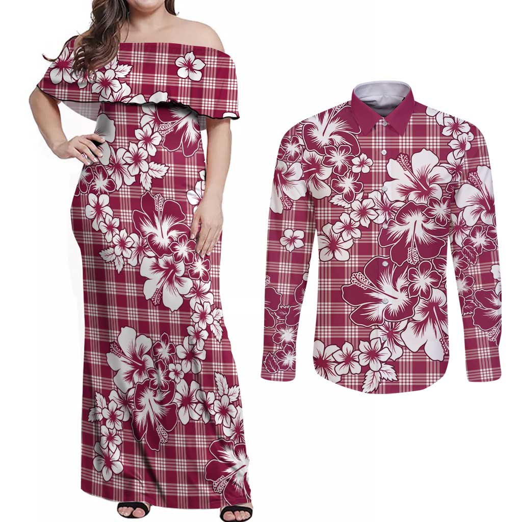 Hibiscus Pakala Royal Magenta Couples Matching Off Shoulder Maxi Dress and Long Sleeve Button Shirt Tropical Floral Stylized LT01 Magenta - Polynesian Pride