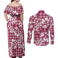 Hibiscus Pakala Royal Magenta Couples Matching Off Shoulder Maxi Dress and Long Sleeve Button Shirt Tropical Floral Stylized LT01 - Polynesian Pride