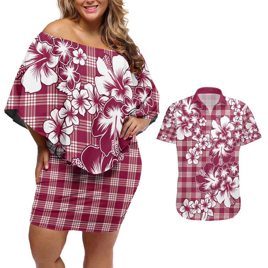 Hibiscus Pakala Royal Magenta Couples Matching Off Shoulder Short Dress and Hawaiian Shirt Tropical Floral Stylized LT01 Magenta - Polynesian Pride