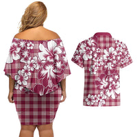 Hibiscus Pakala Royal Magenta Couples Matching Off Shoulder Short Dress and Hawaiian Shirt Tropical Floral Stylized LT01 - Polynesian Pride