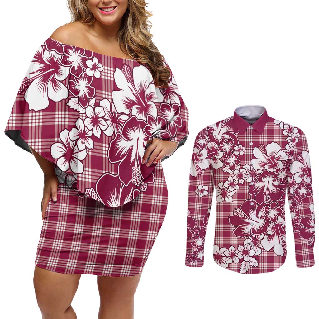 Hibiscus Pakala Royal Magenta Couples Matching Off Shoulder Short Dress and Long Sleeve Button Shirt Tropical Floral Stylized LT01 Magenta - Polynesian Pride