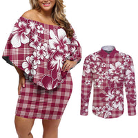 Hibiscus Pakala Royal Magenta Couples Matching Off Shoulder Short Dress and Long Sleeve Button Shirt Tropical Floral Stylized LT01 Magenta - Polynesian Pride