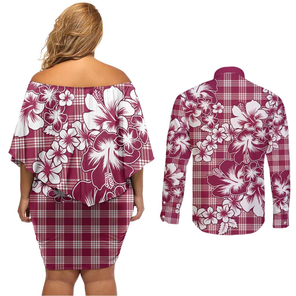 Hibiscus Pakala Royal Magenta Couples Matching Off Shoulder Short Dress and Long Sleeve Button Shirt Tropical Floral Stylized LT01 - Polynesian Pride