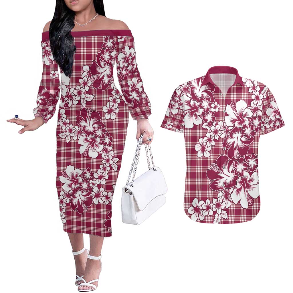 Hibiscus Pakala Royal Magenta Couples Matching Off The Shoulder Long Sleeve Dress and Hawaiian Shirt Tropical Floral Stylized LT01 Magenta - Polynesian Pride